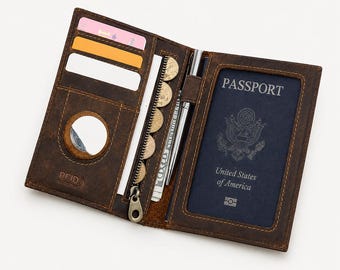 Personalized Leather Passport Holder, RFID Passport Wallet, AirTag Passport Cover, Travel Document Organizer, Gift for Travelers