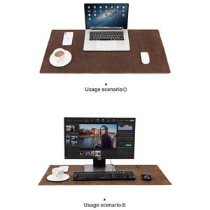 May include: Two brown leather desk mats with office setups. The top image shows a laptop, phone, coffee cup, and mouse. The bottom image shows a monitor, keyboard, mouse, and coffee cup. The text "Usage scenario" is below each image.