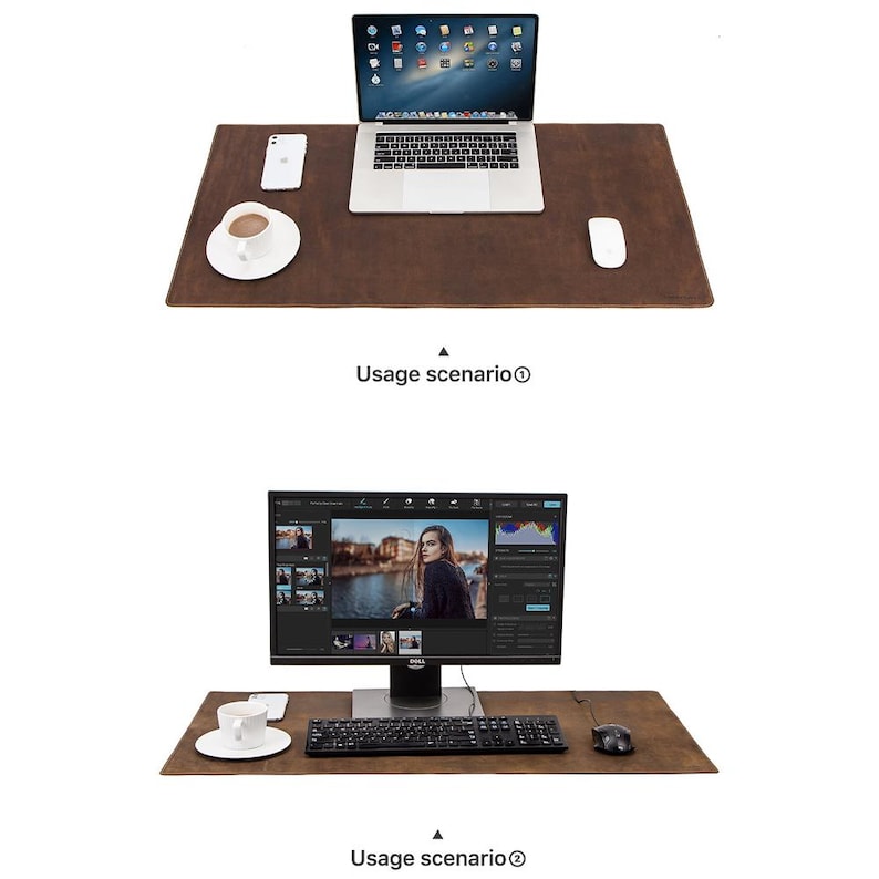 May include: Two brown leather desk mats with office setups. The top image shows a laptop, phone, coffee cup, and mouse. The bottom image shows a monitor, keyboard, mouse, and coffee cup. The text "Usage scenario" is below each image.