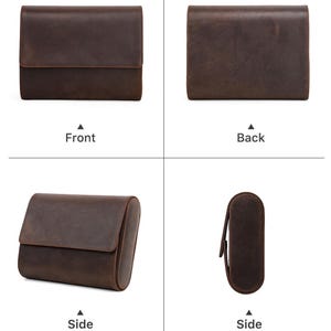May include: A brown leather case, shown from multiple angles. The front view displays a rectangular shape with a flap closure. The back view shows the same shape. The side view reveals a curved design. The other side view shows a narrow, elongated shape.