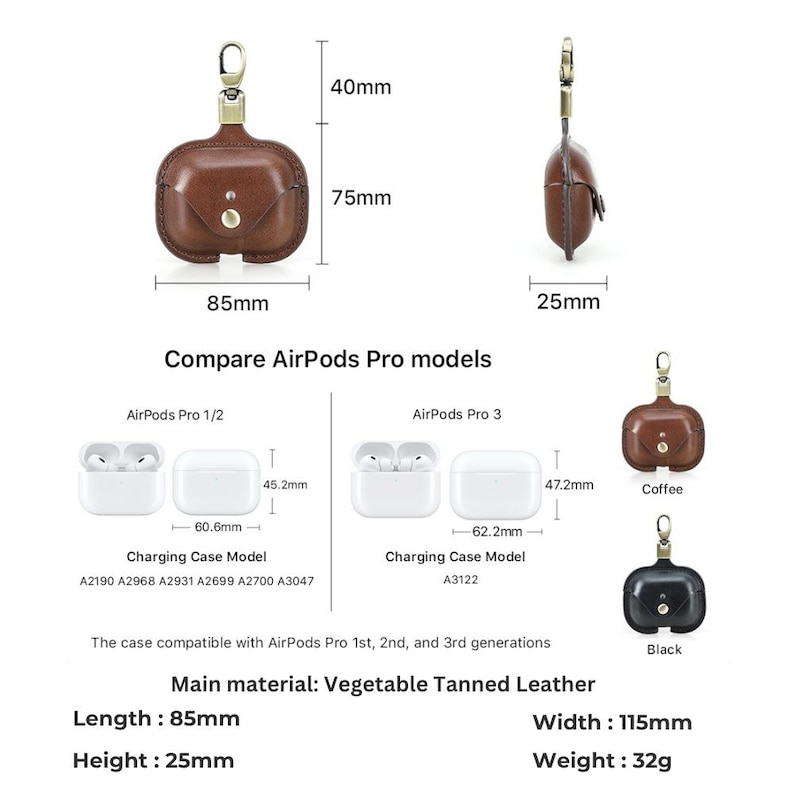 May include: Brown leather AirPods Pro case with a metal clasp, measuring 3.3 inches long, 1 inch high, and 4.5 inches wide. The case is made of vegetable-tanned leather and is compatible with AirPods Pro 1st, 2nd, and 3rd generations.