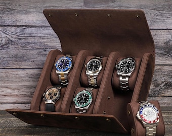 Vintage Leather Watch Storage Box, 6 Slot Travel Watch Case, Men's Watch Organizer, Crazy Horse Leather Watch Holder, Gift for Him