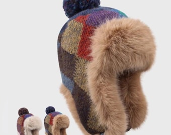Winter Knit Trapper Hat with Faux Fur Earmuffs, Warm Pom Pom Beanie for Women, Plush Ski Hat, Cold Weather Russian Aviator Cap