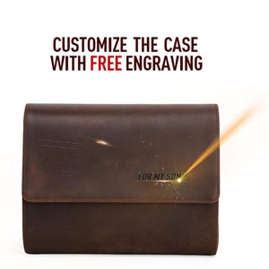 May include: A brown leather case with a flap closure. The text "FOR MY SON" is visible on the front. The image also includes the text "CUSTOMIZE THE CASE WITH FREE ENGRAVING".