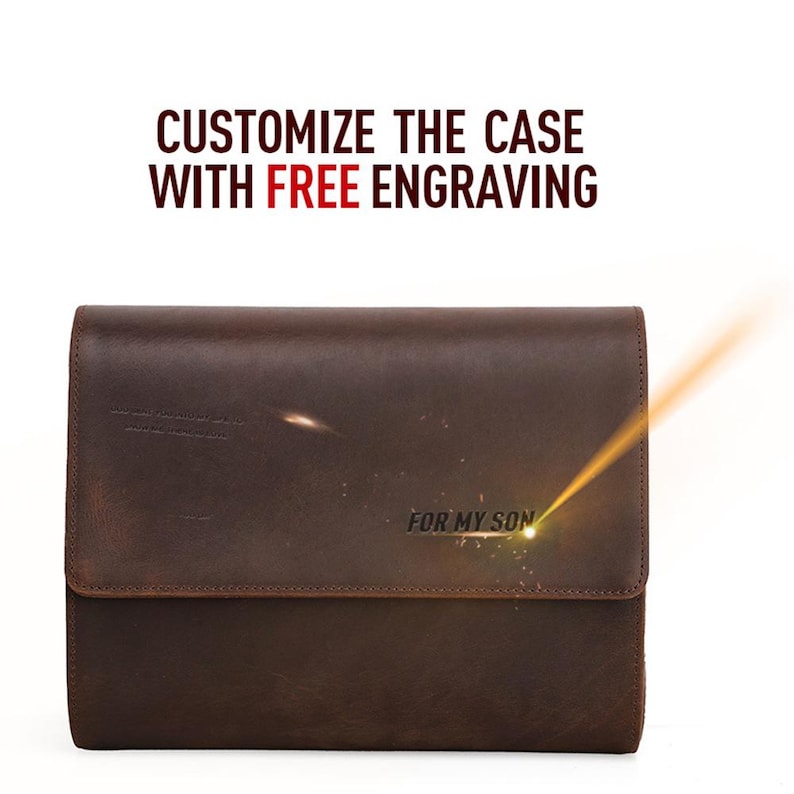 May include: A brown leather case with a flap closure. The text "FOR MY SON" is visible on the front. The image also includes the text "CUSTOMIZE THE CASE WITH FREE ENGRAVING".