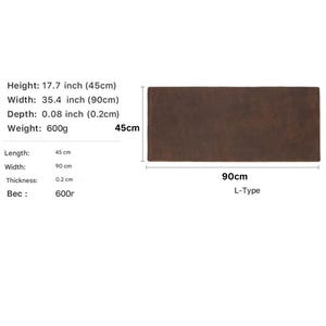 May include: A rectangular, brown object with dimensions of 17.7 inches in height, 35.4 inches in width, and 0.08 inches in depth. The weight is 600g. The length is 45 cm, and the width is 90 cm. The thickness is 0.2 cm. The text "L-Type" is visible.
