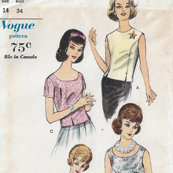 60s Womens Set of Princess Seam Blouses Scoop or Jewel Neckline Vogue Sewing Pattern 5542 Size 14 Bust 34 FF