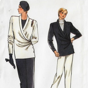 May include: Two fashion illustrations of women wearing different styles of jackets. The woman on the left is wearing a white wrap jacket with a black skirt and black gloves. The woman on the right is wearing a black wrap jacket with white pants.