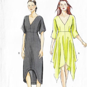 May include: Two women's dresses with a v-neckline and short sleeves. The dress on the left is black and has a high-low hemline. The dress on the right is yellow and has a longer hemline in the front and a shorter hemline in the back. The text "CUSTOMFIT for A,B,C,D cup sizes" is at the bottom of the image.