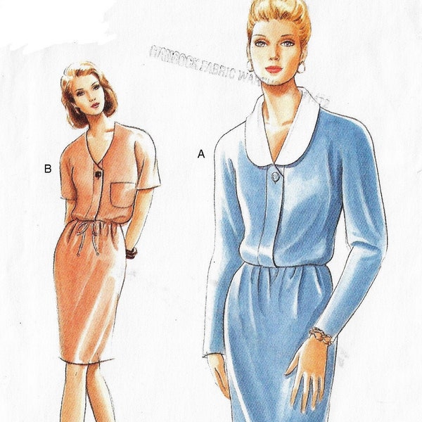 90s Womens Blouson Dress with Collar and Sleeve Variations Vogue Sewing Pattern 9190 Size 8 10 12 Bust 31 1/2 to 34 FF