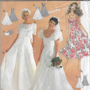 May include: A sewing pattern for a wedding dress with a lace bodice and a full skirt. The pattern also includes a separate lace bolero and a simple sleeveless dress.