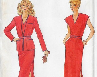 80s Womens Unlined Jacket, Pullover Dress & Belt with Piping Details Vogue Sewing Pattern 7585 Size 10 Bust 26 1/2 FF