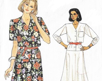 1980s Womens Dropped Waist Dress with Sleeve Variations Vogue Sewing Pattern 9312 Size 8 10 12 Bust 31 1/2 to 34 FF