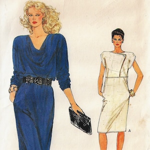 80s Womens Pullover Dress with Draped or Buttoned Neckline Vogue Sewing Pattern 8879 Size 14 16 18 Bust 36 38 40 FF