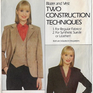 May include: A sewing pattern for a blazer and vest with two construction techniques. The pattern includes instructions for making the garment from regular fabrics or synthetic suede or leather. The pattern number is 7759.