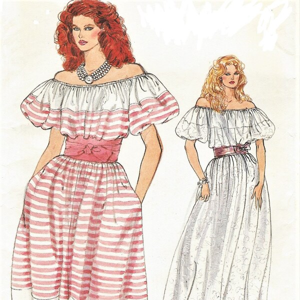 80s Womens Off the Shoulder Hippie Dress Long or Short Peasant Style Dress Vogue Sewing Pattern 8980 Size 14 16 18 Bust 36 38 40 FF