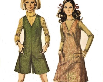 1960s Womens Mod Mini Jumper or Mini Pant Jumper V Neckline Romper Simplicity Sewing Pattern 7821 Size 12 Bust 34 Vintage Sewing Patterns