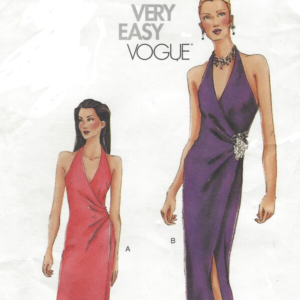 Womens Sexy Halter Wrap Evening Gown in 2 Lengths Cocktail Length or Evening OOP Vogue Sewing Pattern 7277 Size 12 14 16 Bust 34 36 38