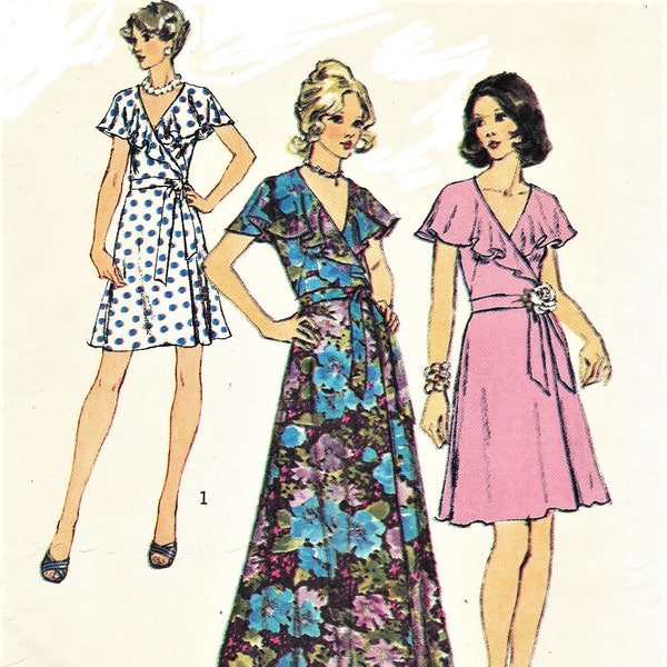 1970s Womens Classic Front Wrap Dress Mini or Maxi Cape Collar Simplicity Sewing Pattern 6099 Size 14 Bust 36
