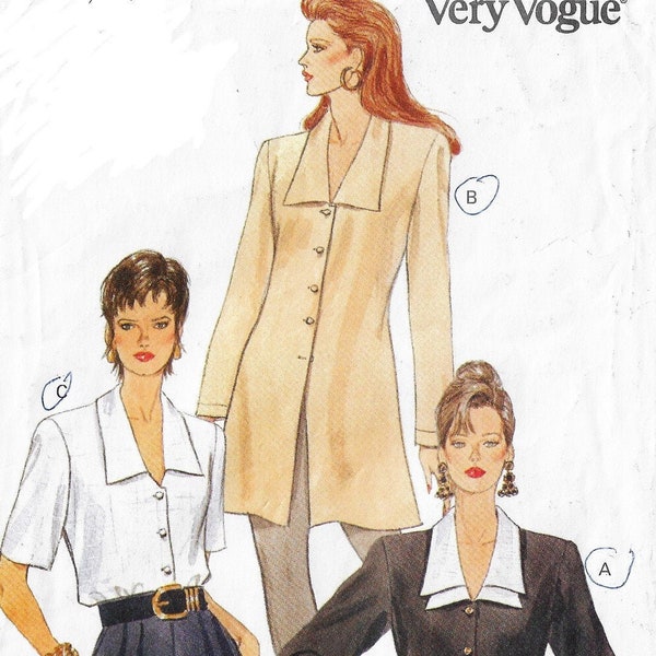 90s Vogue Sewing Pattern 8912 Womens Blouse or Tunic with Collar & Sleeve Variations Size 12 14 16 Bust 34 36 38 FF