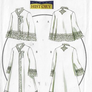 May include: A sewing pattern for a long-sleeved robe with a ruffled trim. The pattern includes two views, one with a tie at the neck and one with a decorative detail on the back. The pattern is designed by Rachel Wallis.