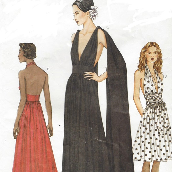 Womens Dramatic Grecian Evening Gown or Cocktail Dress Deep V Neckline Open Back OOP Vogue Sewing Pattern 7521 Size 8 Bust 31 1/2