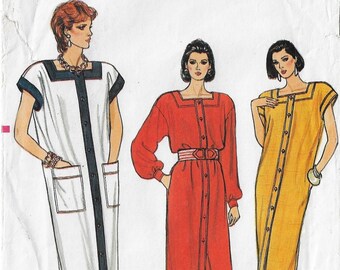 80s Womens Button Front Dress Square Neckline Sleeve Variations Vogue Sewing Pattern 9213 Size 8 10 12 Bust 31 1/2 to 34 FF