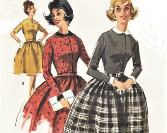 1960s Womens Rockabilly Dress Button Front Bodice and Full Skirt McCalls Sewing Pattern 6398 Size 14 Bust 34 Vintage Easy Sewing Patterns