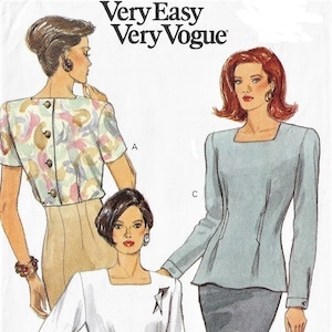 1990s Womens Semi-Fitted Blouses Square Neckline Back Buttoned Vogue Sewing Pattern 8257 Size 6 8 10 Bust 30 1/2 to 32 1/2 FF