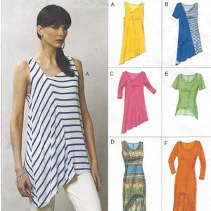 May include: A sewing pattern for six different tops with asymmetrical hems. The tops are in various colors and patterns, including yellow, blue, pink, green, and orange.