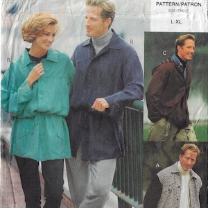 90年代ユニセックスジャケット フードトリム付きまたはなし バリエーション ヴォーグ縫製パターン 8547 サイズ L XL バスト/胸囲 42 44 46 48 FF