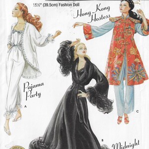 May include: A vintage fashion doll pattern featuring three different outfits. The outfits include a white pajama set, a red and gold Asian-inspired coat, and a black robe with feather trim. The pattern is for a 15.5-inch doll.