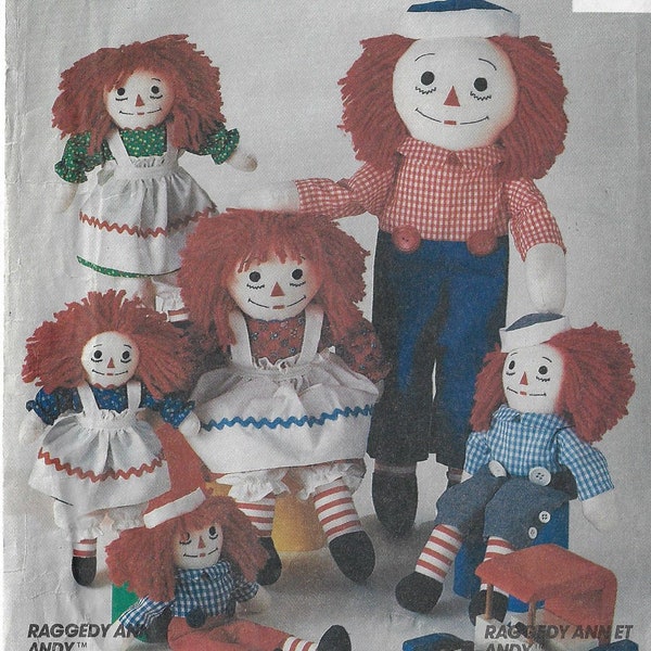 90s Raggedy Ann and Andy Dolls in 4 Sizes 10" Dolls, 15" Dolls, 20" Dolls and 25" Dolls McCalls Sewing Pattern 5499 FF Transfer Included