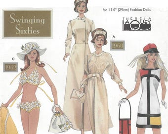 Theresa Laquey Swinging 60s Doll Clothes for 11 1/2" Fashion Dolls Mondrian Dress, Bikini and Evening Gown Simplicity Sewing Pattern 9913 FF