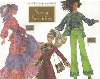 Theresa Laquey Savvy 70s Doll Clothes for 11 1/2 Inch Fashion Dolls Boho Coat & Dress Hippie Outfit Simplicity Sewing Pattern 9975 FF