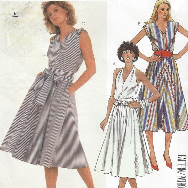 80s Womens Summer Dress & Tie Belt Halter Neckline and Flared Bias Skirt McCalls Sewing Pattern 2028 Size 18 Bust 40 FF Vintage Patterns