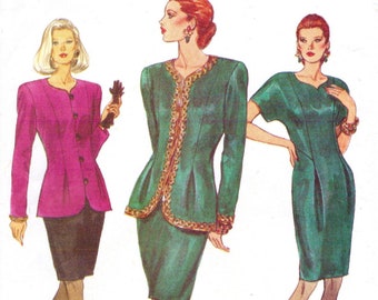 90s Womens Below Hip Jacket & Dress Office to Party Vogue Sewing Pattern 8185 Size 12 14 16 Bust 34 36 38 FF