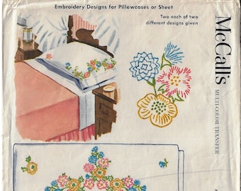 1960s McCalls Multi-Color Transfer Pattern 2455 Embroidery Designs for Pillow Cases or Sheet