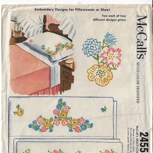 1960s McCalls Multi-Color Transfer Pattern 2455 Embroidery Designs for Pillow Cases or Sheet