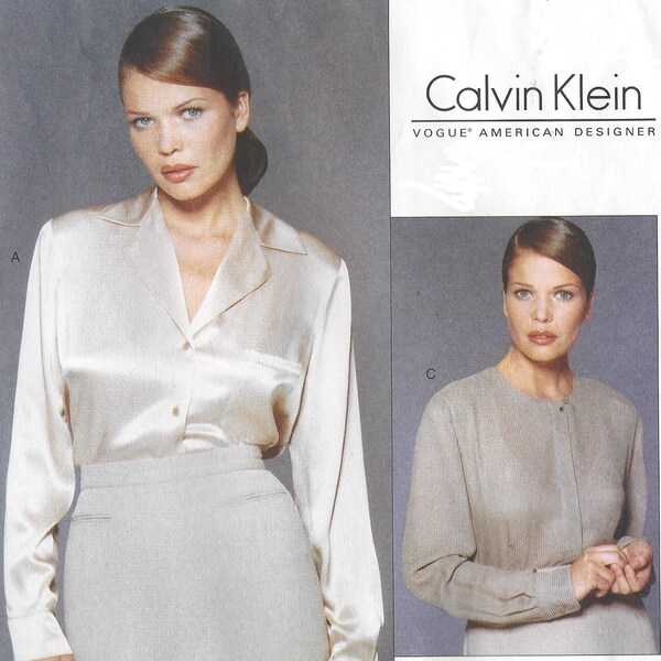 1990s Vogue Sewing Pattern 1873 Calvin Klein Womens Blouses with Collar and Sleeve Variations Taille 6 8 10 Buste 30 1/2 à 32 1/2 FF