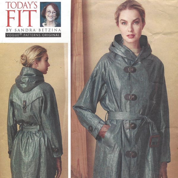 Sandra Betzina Womens Raglan Sleeve Hooded Belted Raincoat Vogue Sewing Pattern V1564 Size 10 12 14 16 18 20 22 24 26 28 Bust 32 to 55 FF