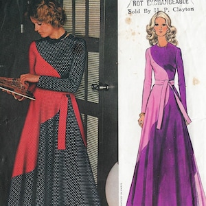 1970s Lanvin Asymmetrical Bi Color Dress Evening Length Full Circle Skirt Vogue Sewing Pattern 2576 Size 12 Bust 34
