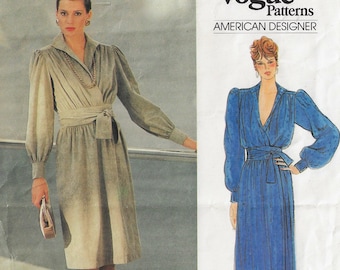 1980s Adele Simpson Womens Sexy Wrap Dress in Day or Evening Length Vogue Sewing Pattern 1306 Size 12 Bust 34