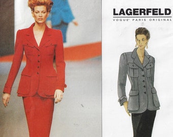 90s Lagerfeld Military Style Jacket & Skirt Vogue Sewing Pattern 1719 Size 8 10 12 Bust 31 1/2 to 34 FF VERY Rare Vogue