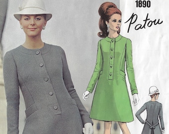 60s Patou Womens One Piece Dress with Back Pleat Vogue Sewing Pattern 1890 Size 8 Bust 31 1/2 FF