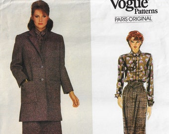 80s Nina Ricci Womens 3/4 Length Coat, Skirt and Blouse Vogue Sewing Pattern 2791 Size 14 Bust 36 FF