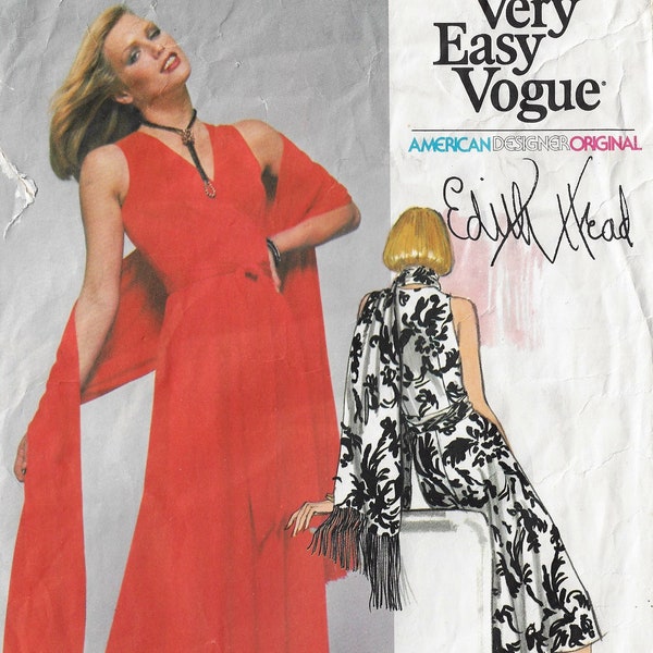 1970s Edith Head Womens Womens Glamorous Front Wrap Dress and Shawl 2 Lengths Vogue Sewing Pattern 1561 Size 12 Bust 34