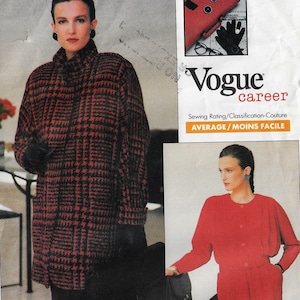 以下が含まれることがあります： ヴォーグキャリアの裁縫パターン。赤と黒の千鳥格子コートとボタン留めの赤いドレスの2つの衣装が特徴です。このパターンは、難易度が平均とされています。