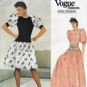 80er Jahre Handgemachtes Damen Kleid mit tiefer Taille Vogue Schnittmuster 1274 Größe 14 Büste 36 FF
