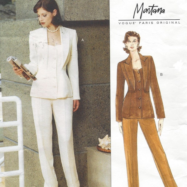 1990s Montana Mujeres Forrado Hip Length Chaqueta y Pantalones Esposados Vogue Patrón de Costura 1885 Tamaño 6 8 10 Busto 30 12 a 32 1/2 FF Paris Original